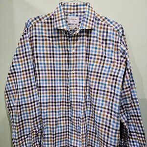 LEDBURY | 17" | Plaid Long Sleeve Men’s Blue and Tan Plaid Flannel Dress Shirt